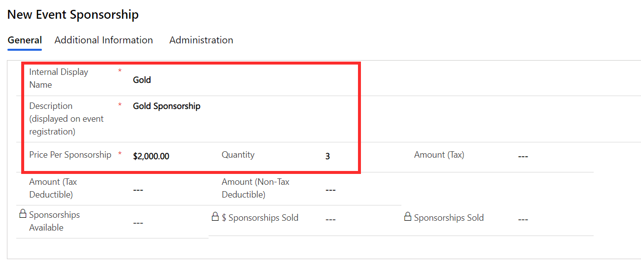 Screenshot of the new event sponsorship general information.