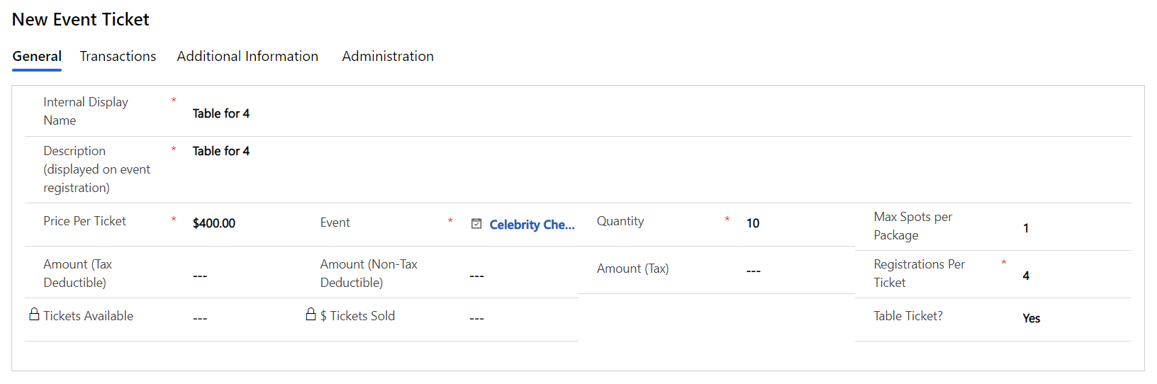 Screenshot of the table ticket general information.