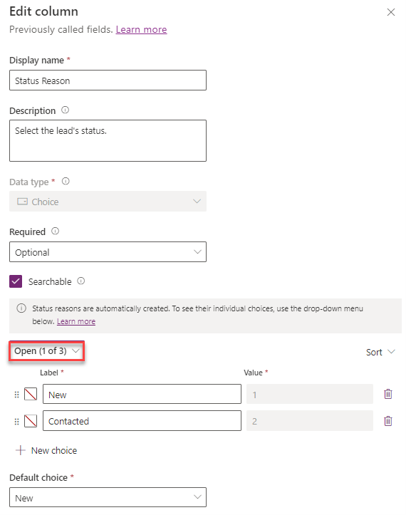 Screenshot of the Edit column dialog showing Open status with New and Contacted status reasons.