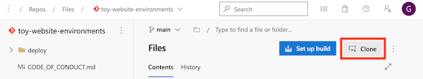 Screenshot of Azure DevOps that shows the repository and the Clone button.