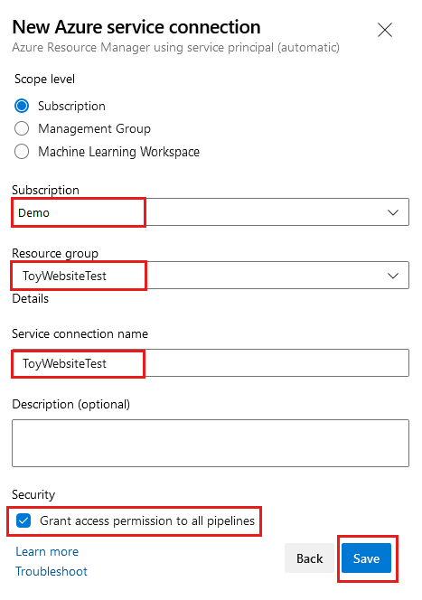 Screenshot of Azure DevOps that shows completed details for creating a service connection for the test environment.