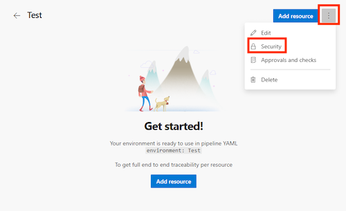 Screenshot of the Azure DevOps page for an environment named Test, with the More Actions menu displayed and the Security item highlighted.