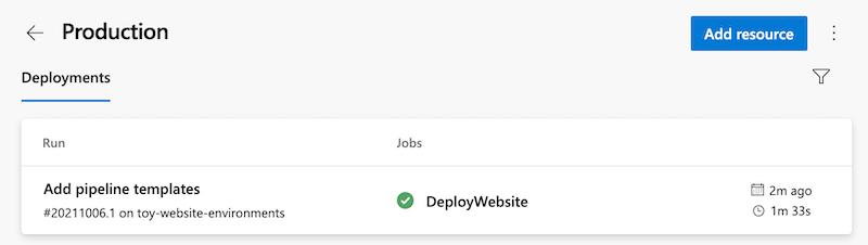 Screenshot of Azure Pipelines that shows the production environment, with the deployment history showing a single deployment.