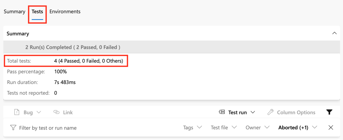 Screenshot of Azure Pipelines that shows the page for pipeline run tests, with four test results.