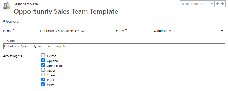 Screenshot of opportunity sales team template with access rights.