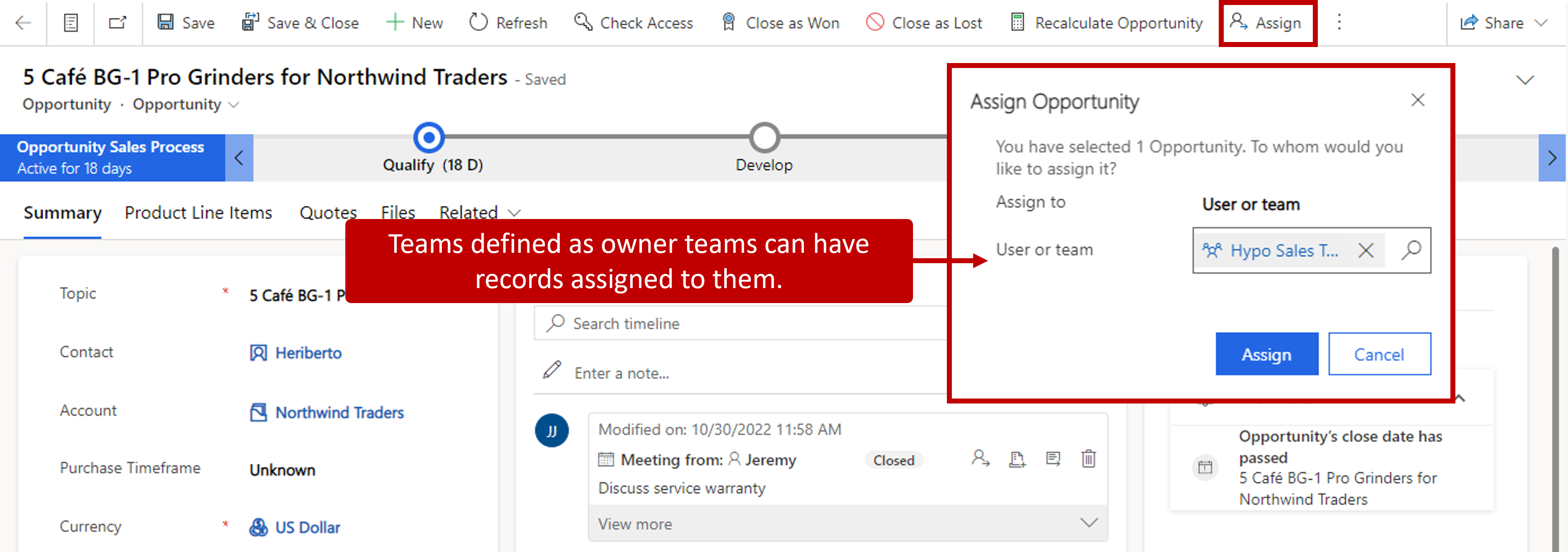 Screenshot of the assign opportunity window.
