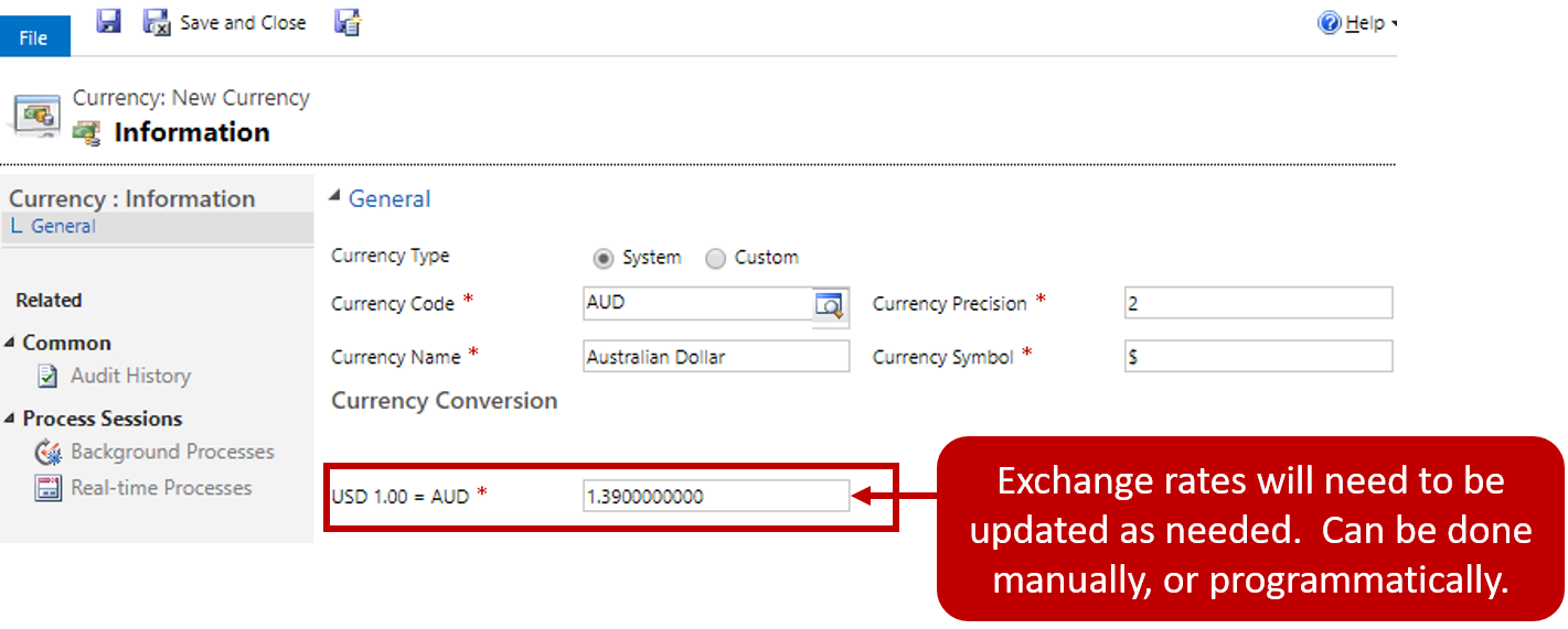 Screenshot showing currency information. Exchange rates are updated as needed. Can be done manually or programmatically.