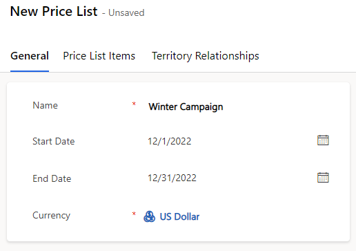 Creating a price list. New Price List shows General tab with columns for Name, Start date, End date, Currency, and Description.