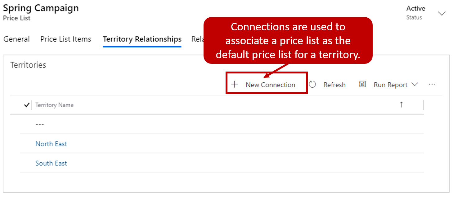 New connection. Connections are used to associate a price list as the default price list for a territory.