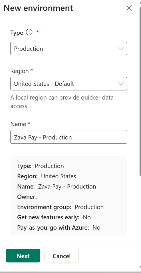 Screenshot of Power Platform admin center new environment creation dialog.