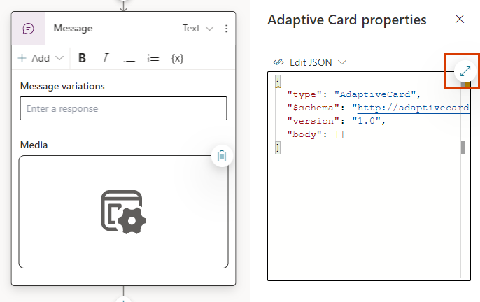 Screenshot of a Message node with an Adaptive Card, with the Expand icon highlighted.