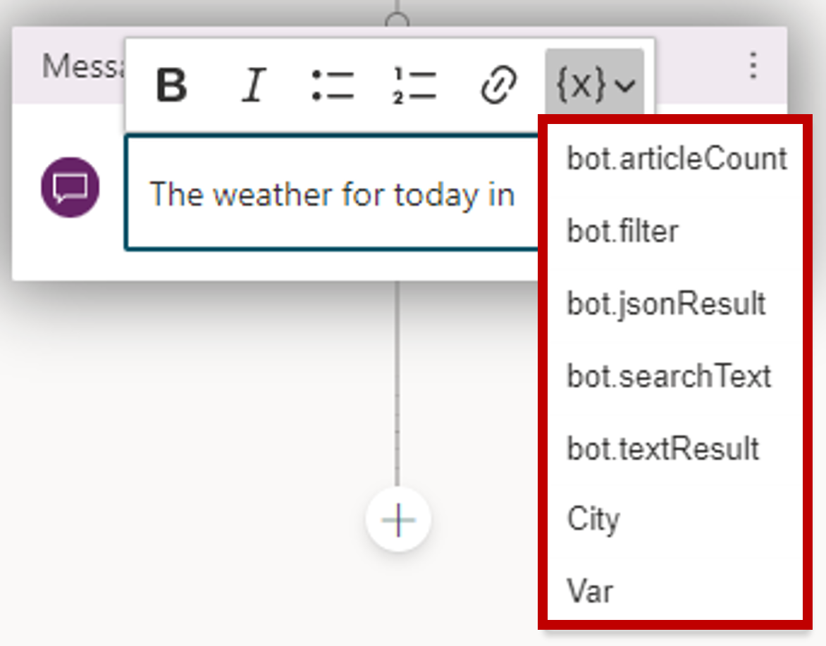 Screenshot of the Insert variable dropdown expanded in the formatting command bar to show available variables like bot.filter and bot.textResult.
