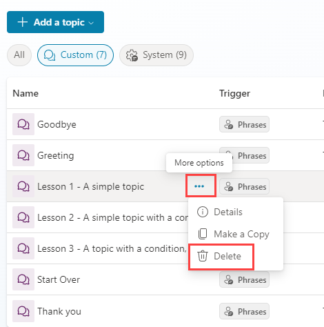 Screenshot of deleting a topic.