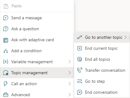 Screenshot of the Topic management menu item selected to reveal the Go to another topic option.