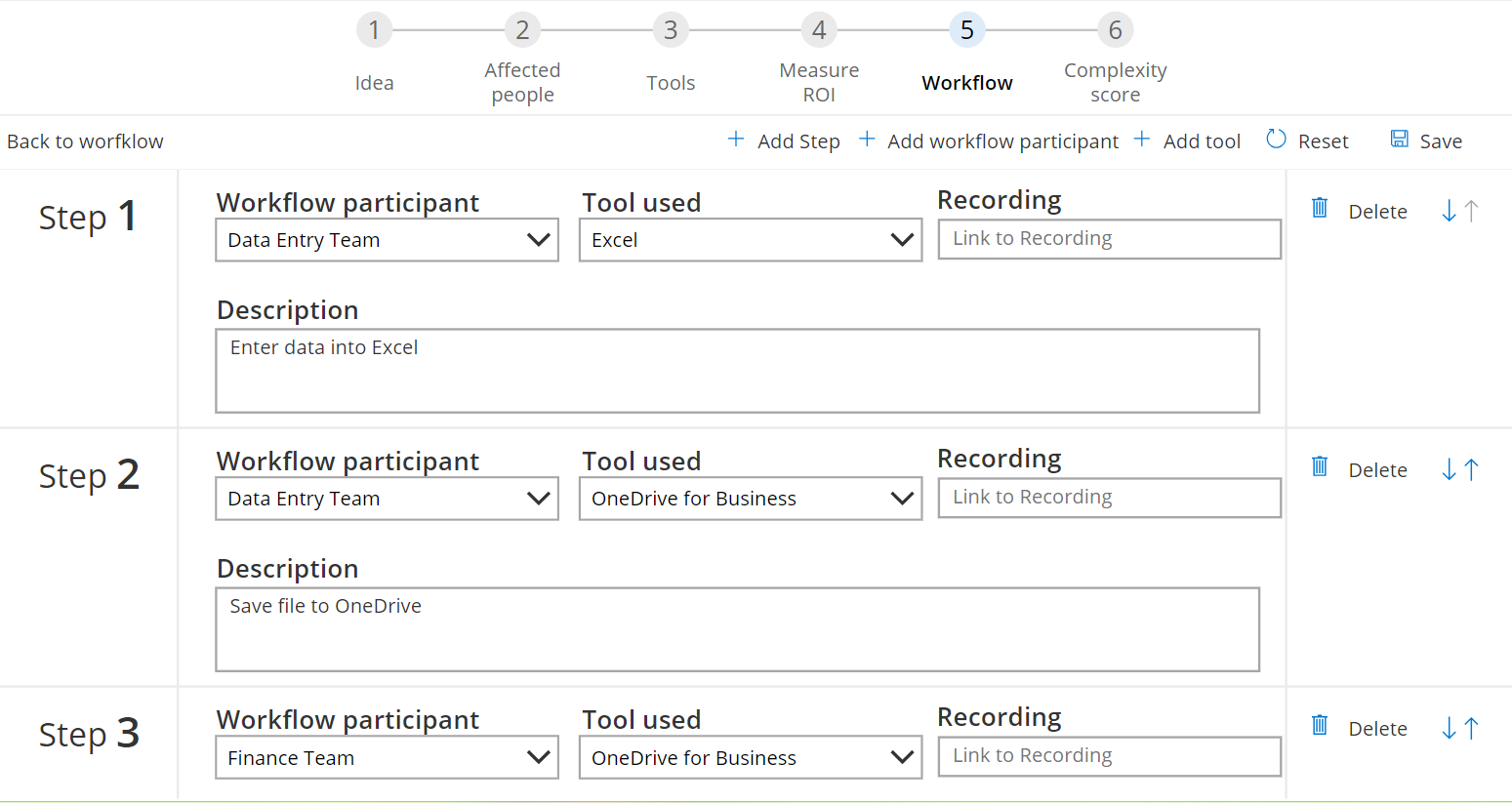 Screenshot of the workflow steps of an idea.
