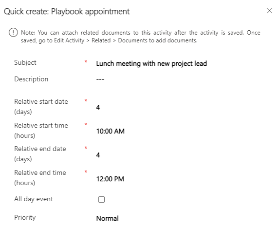 Screenshot of a quick create playbook appointment.