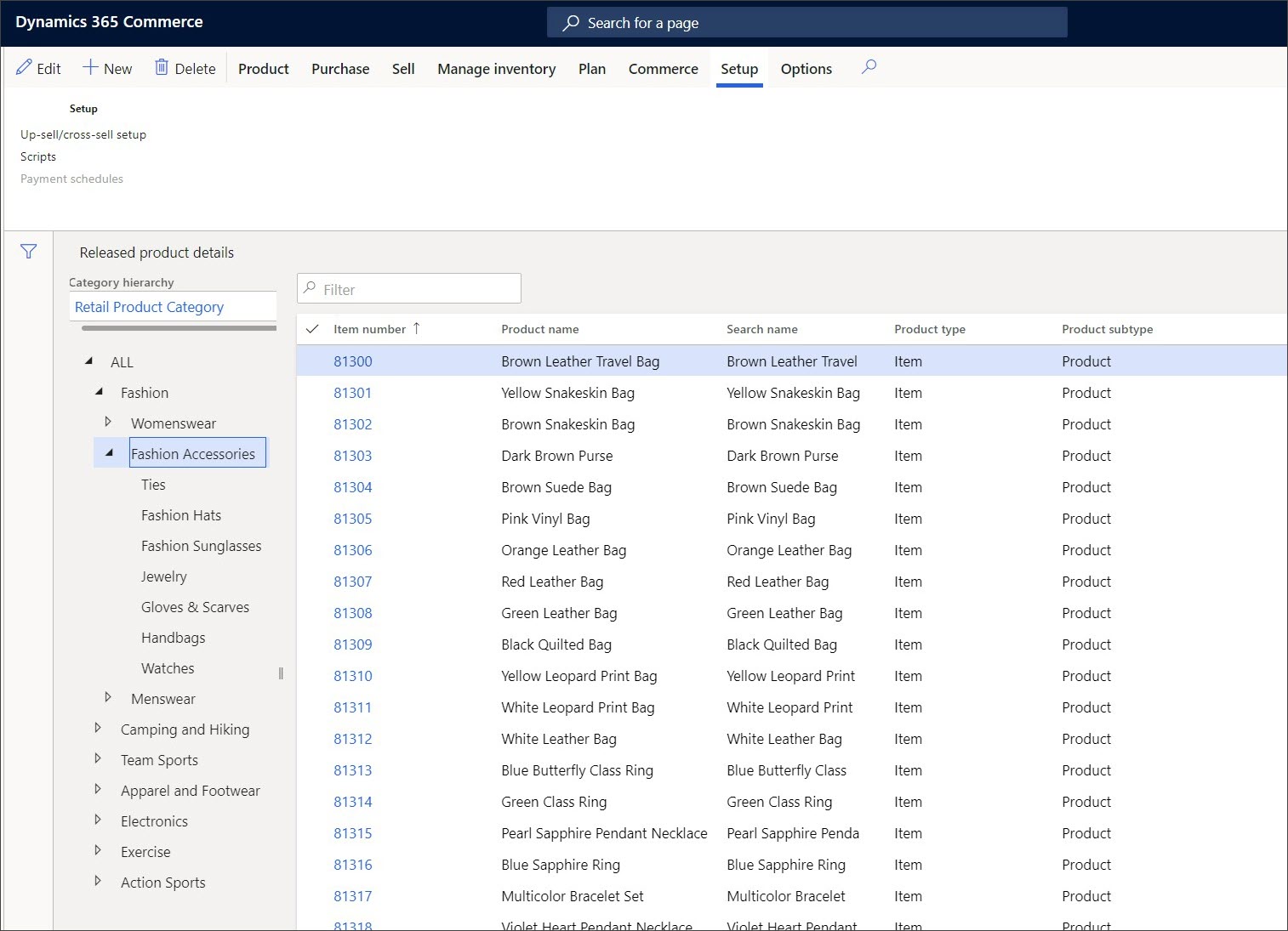 Screenshot of the Released products Setup page in Dynamics 365 Commerce.