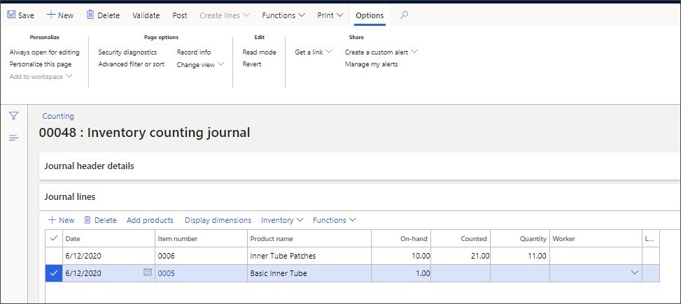 Screenshot of the Dynamics 365 Commerce Counting journal page.