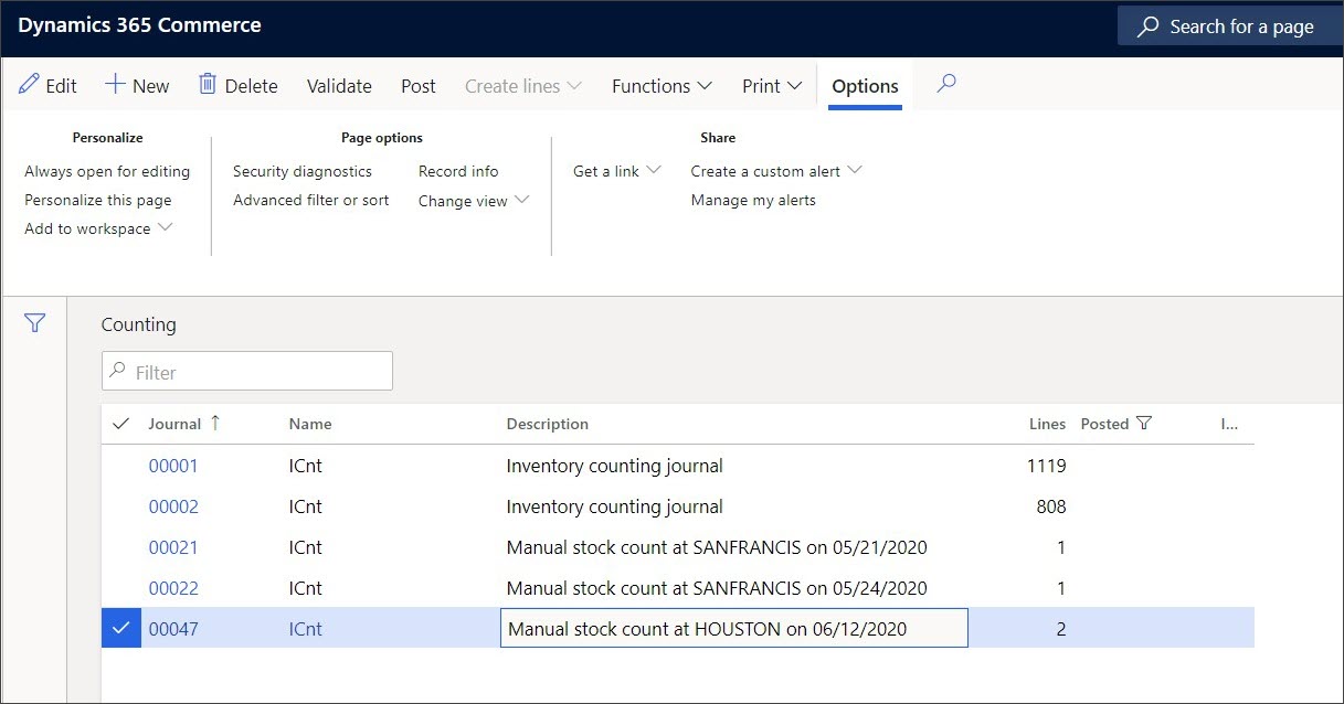Screenshot of the Dynamics 365 Commerce counting list page.