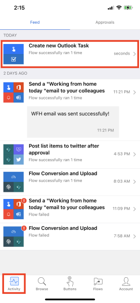 Screenshot of the Feed tab. The Create new Outlook Task with "Flow successfully ran 1 time" is highlighted and the Activity button is highlighted.