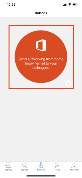 Screenshot of Buttons tab with the Send a Working from home today email to your colleagues highlighted.
