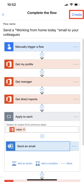 Screenshot of the Complete the flow page with the Create button highlighted.
