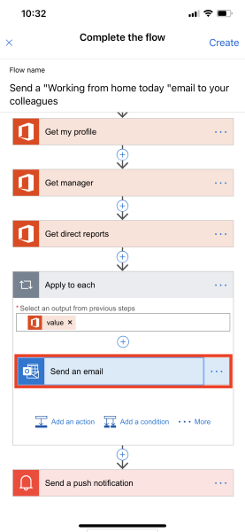 Screenshot of the Edit view of the flow with the Send an email action highlighted.