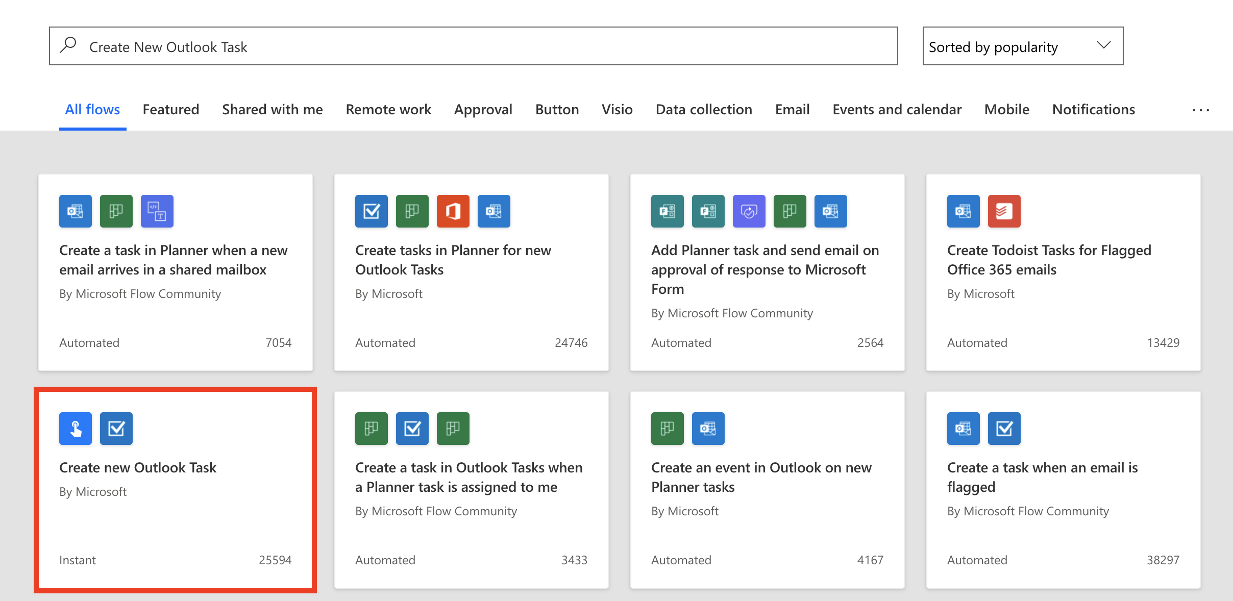 Screenshot of the Create a New Outlook Task tile as it appears in the search results.