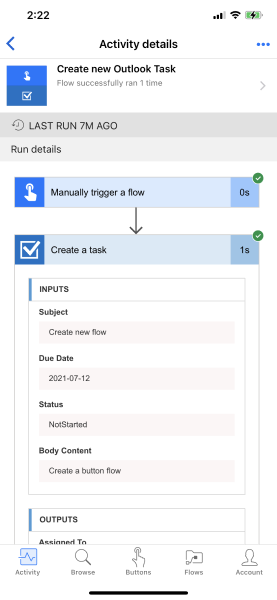 Screenshot of Activity details with run details for Create new Outlook Task.