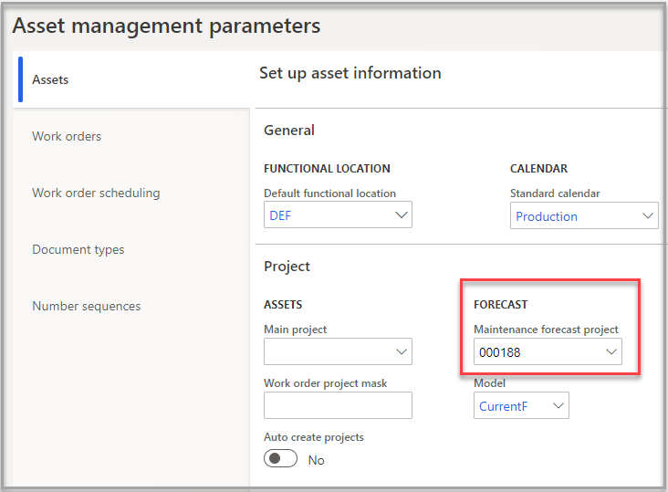 Screenshot of the Asset management parameters page.