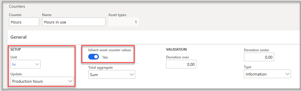Screenshot of the Counters page with Setup and Inherit asset counter values highlighted.
