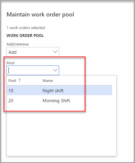 Screenshot of the Maintain work order pool page with pool highlighted.