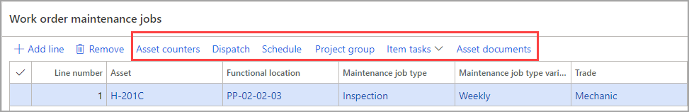 Screenshot of the Work order maintenance jobs menu.