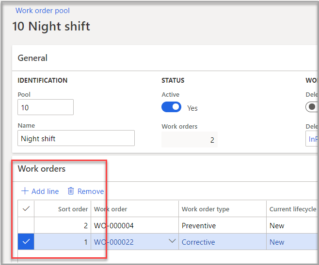 Screenshot of the sort work orders column.