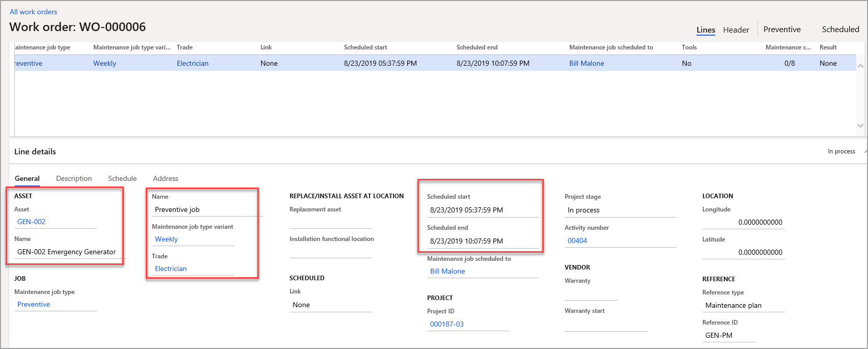 Screenshot of a Work order with asset, name, and start and end details.