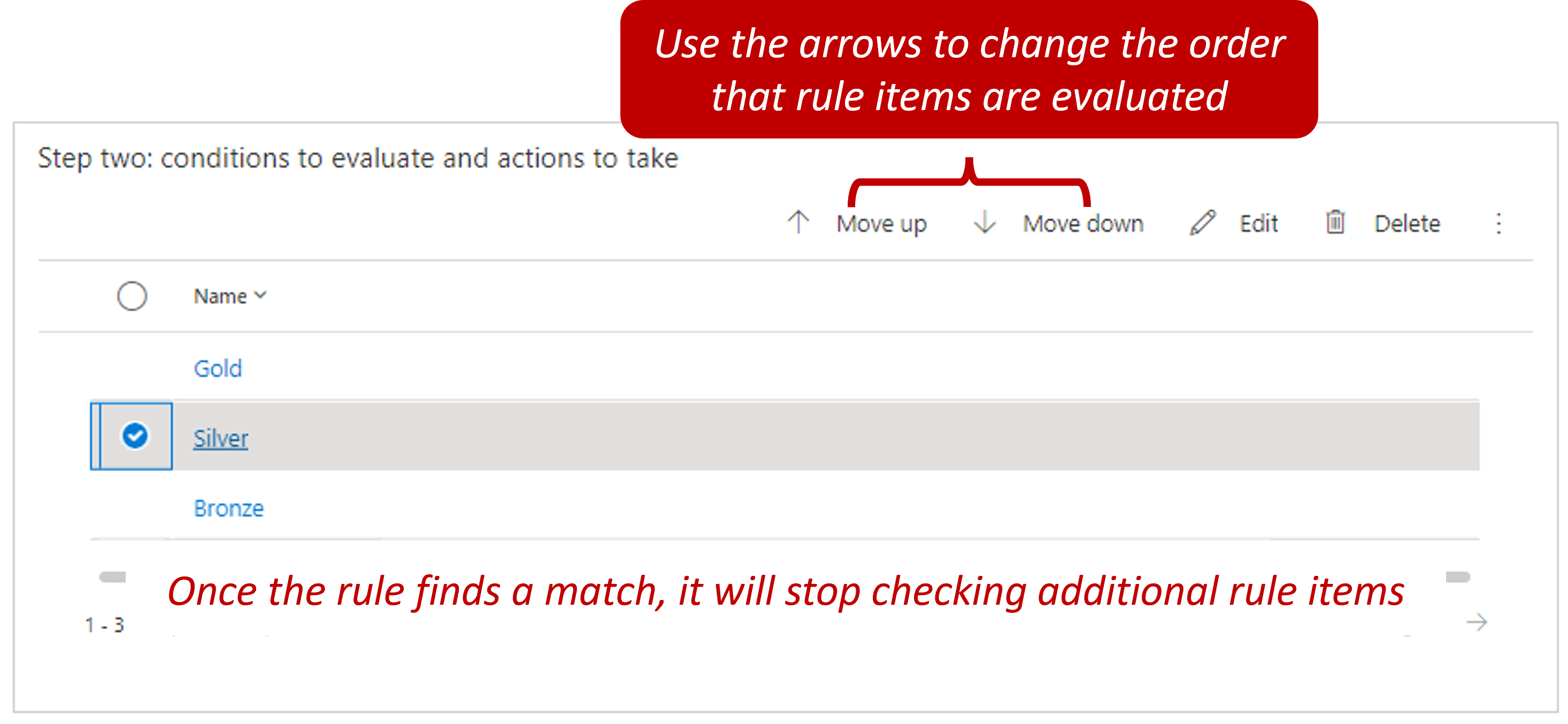 Screenshot of the rule items with Move up and Move down options for rules.