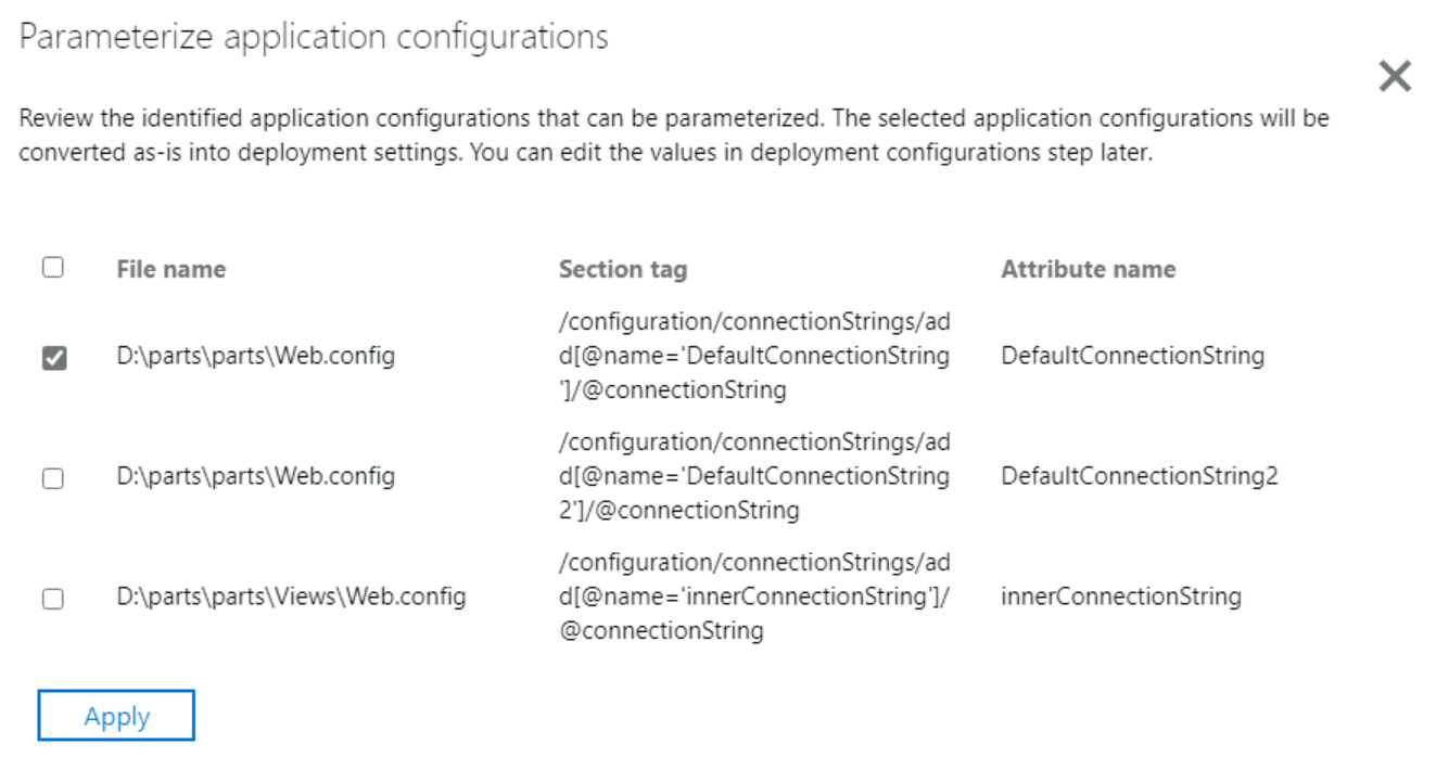 Screenshot for app configuration parameterization ASP.NET application.