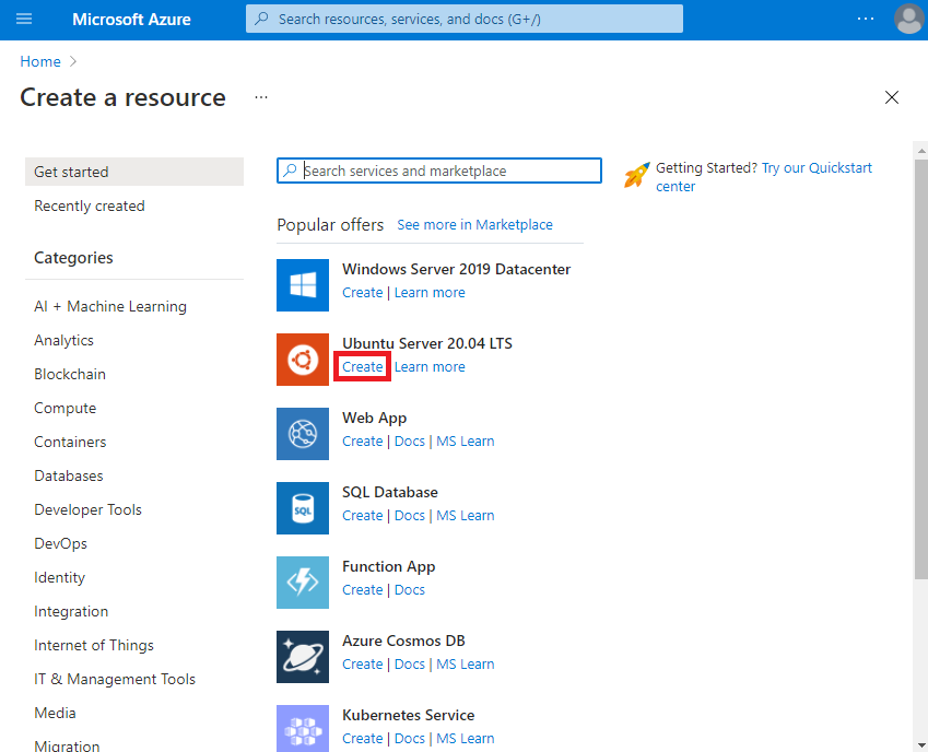 Screenshot that shows Azure Marketplace. The Create link under Ubuntu Server 20.04 LTS is highlighted.