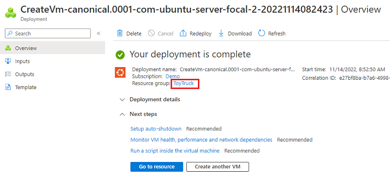 Screenshot of the Azure portal that shows the deployment. The resource group name is highlighted.