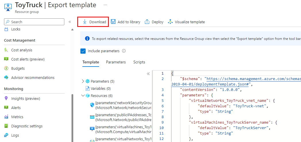 Screenshot of the Azure portal that shows the exported resource group JSON template, with the Download button highlighted.