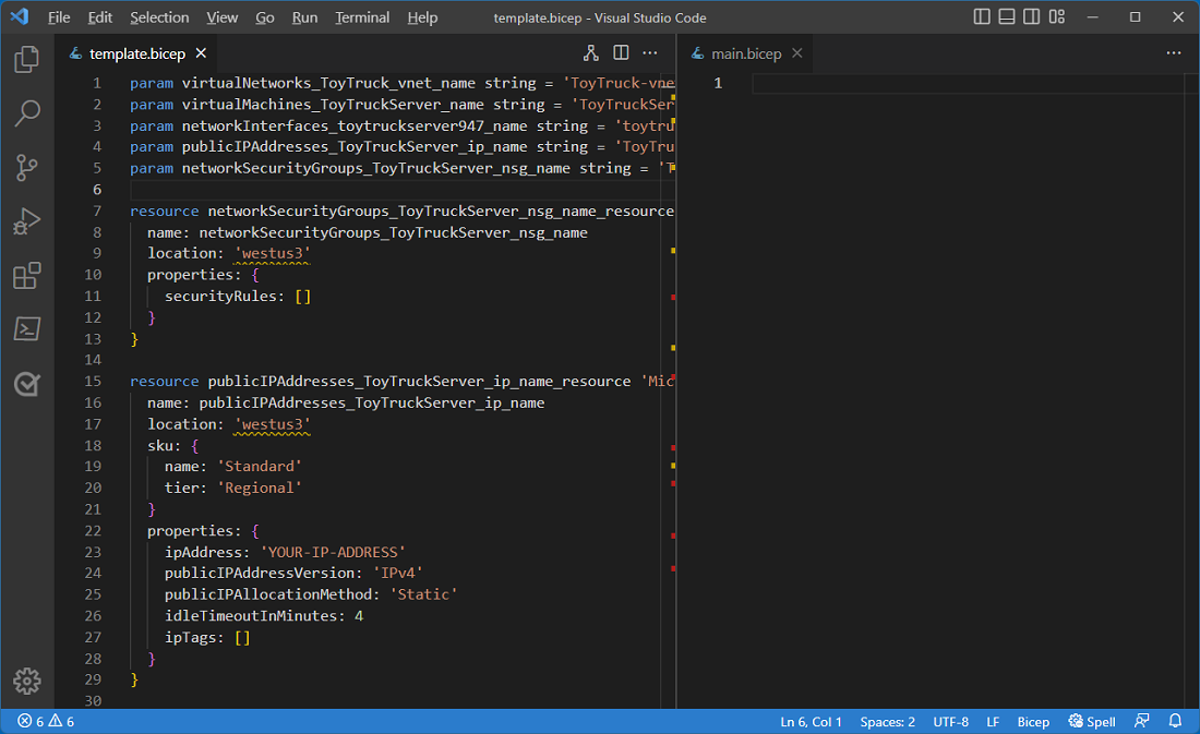 Screenshot of the split Visual Studio Code editor that shows the template dot bicep file in the left pane and the main dot bicep file in the right pane.