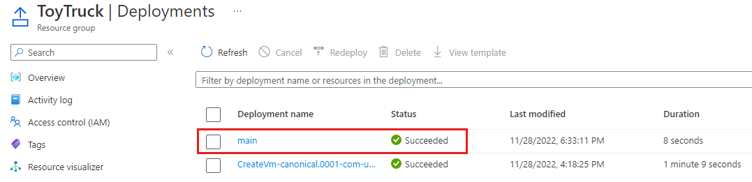 Screenshot of the Azure portal that shows the resource group deployments. The successful deployment is highlighted.