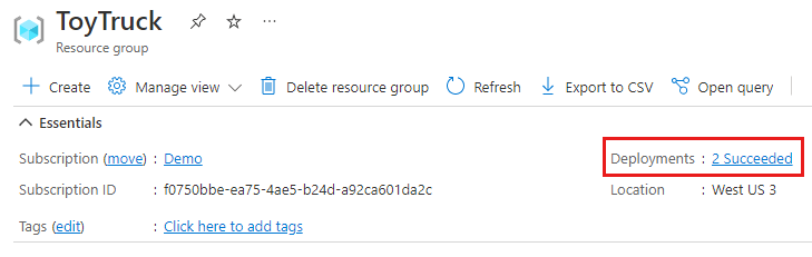 Screenshot of the Azure portal that shows the resource group. The 2 Succeeded link is highlighted.