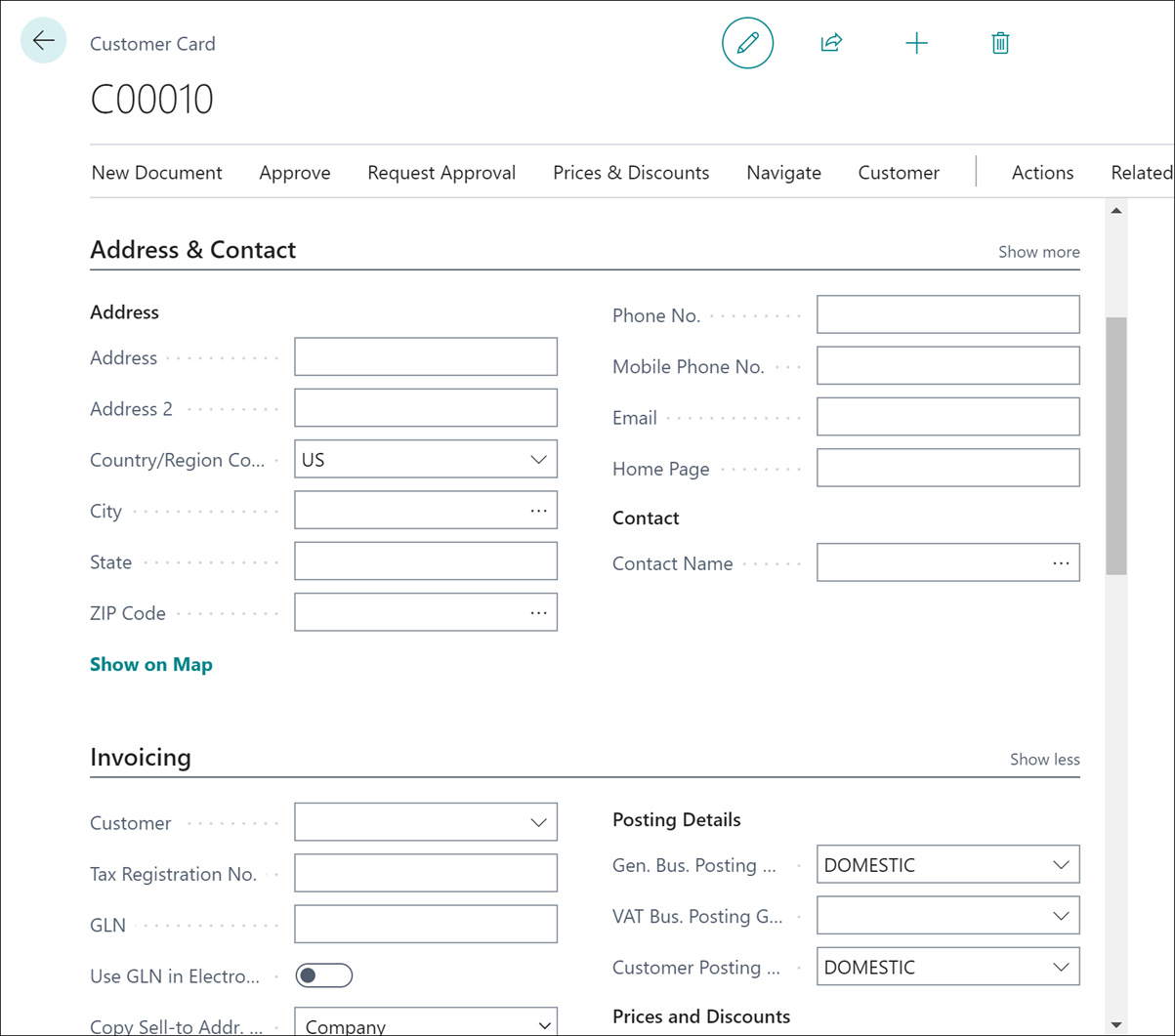 Screenshot of the the new customer card with the values of the domestic customer template assigned.