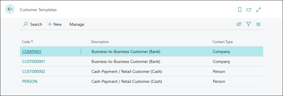Screenshot of the Customer Templates search results.