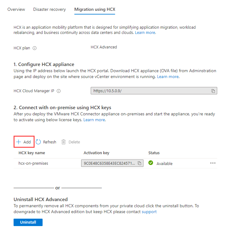 Screenshot that shows where to add the VMware HCX key in the Azure portal for use on-premises.