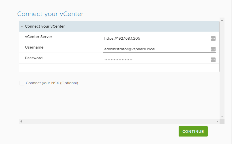 Screenshot of where to configure a connection to the on-premises vCenter environment for the VMware HCX Connector appliance.