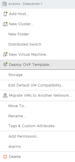 Screenshot that shows how to deploy the OVA file downloaded for VMware HCX Connector on-premises in vCenter.
