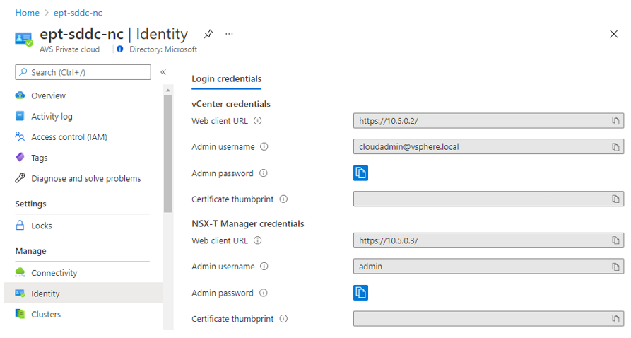 Screenshot of where to find the vCenter and NSX sign-in information in the Azure portal.