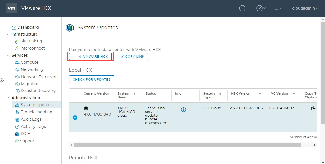 Screenshot of selecting VMware HCX, which downloads the OVA file for deployment on-premises.